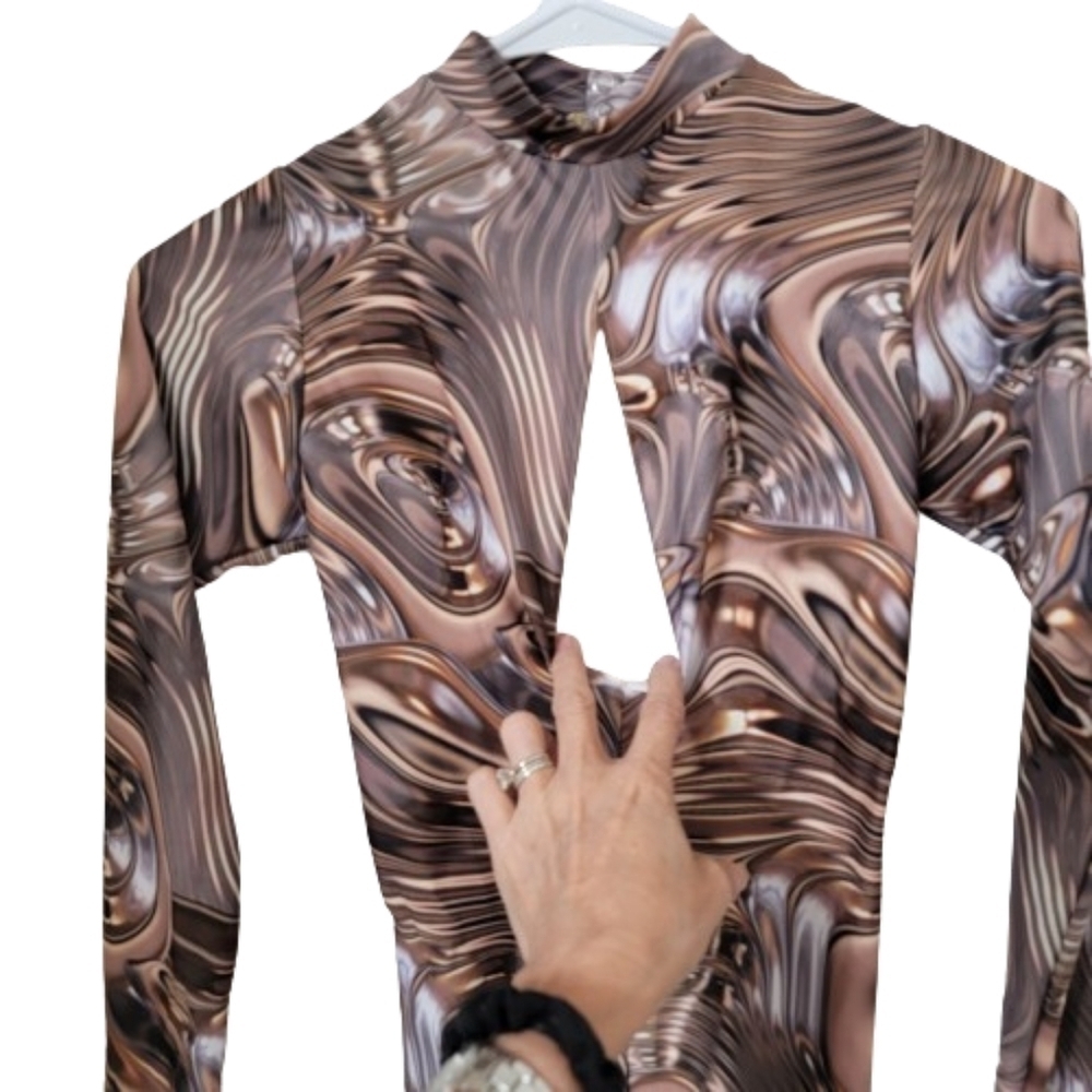 Unbranded Unsized Bodysuit, Brown, Tans and White Swirl / Poured Pattern - Picture 4 of 15